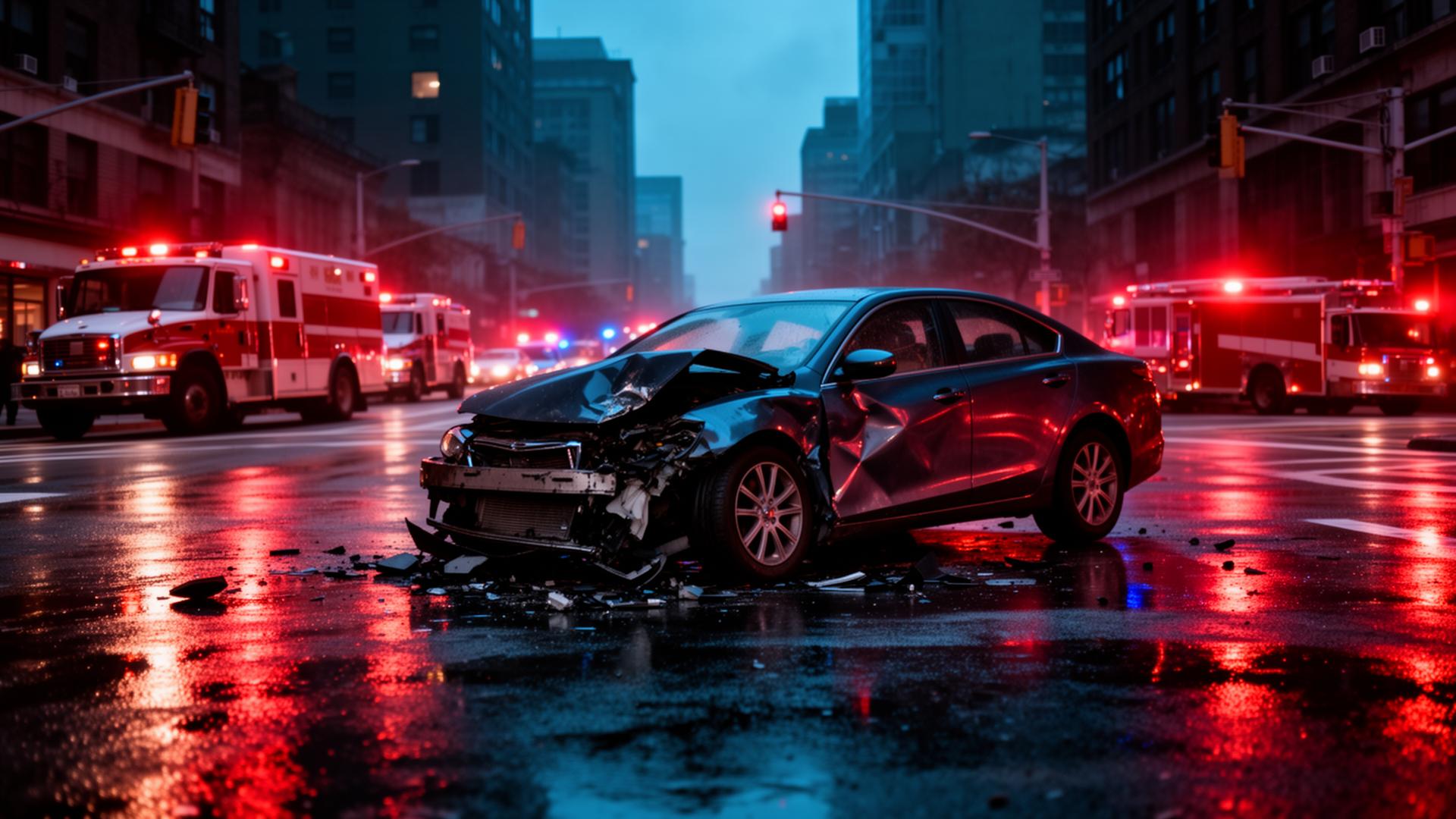 Accidente de auto en una intersección de la ciudad por la noche
